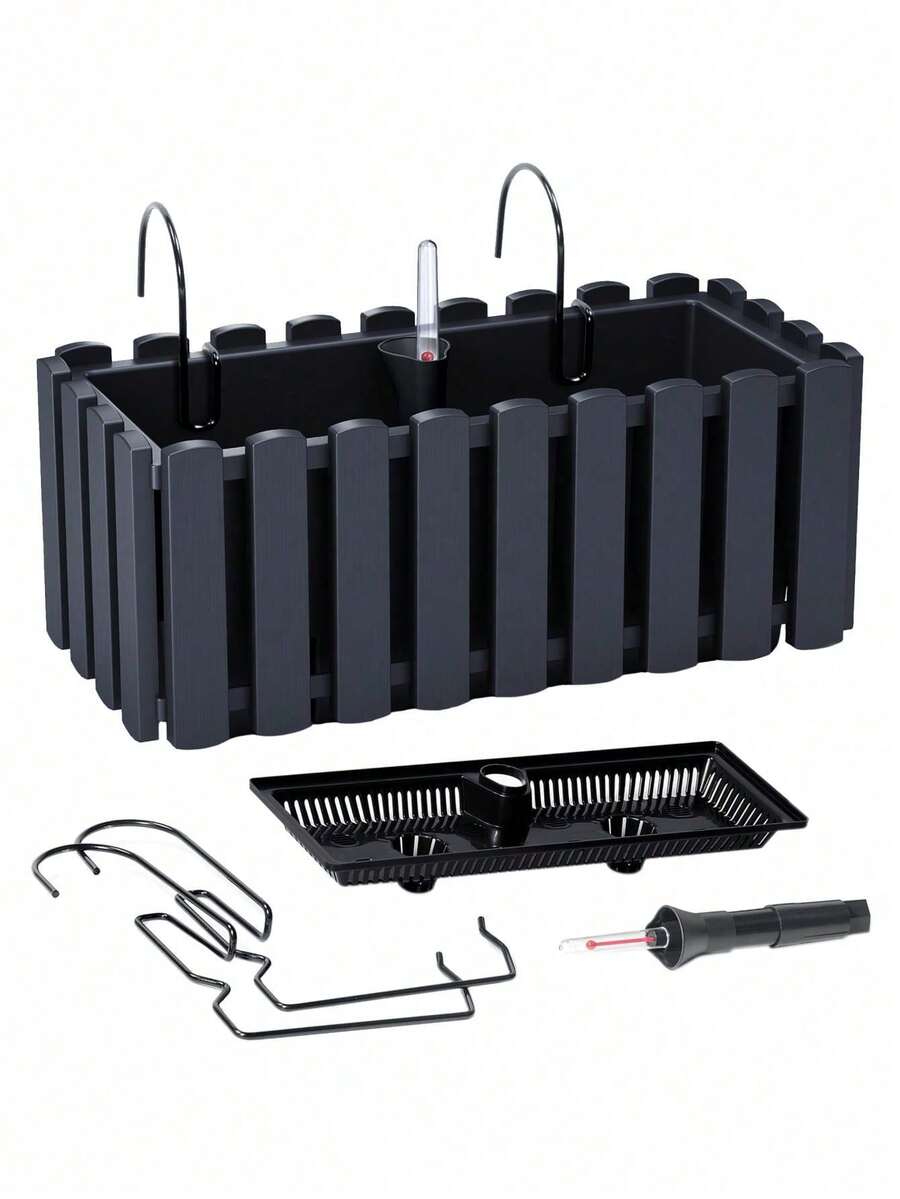 1pc Boardee Fence Hanging Balcony Planter Box In Anthracite Plastic With Mounting Hooks And Self-Watering System, Durable Weather-Resistant Garden Flower Pot For Terrace, Balcony, And Outdoor Use, 38x18x16.2cm - A - View 1