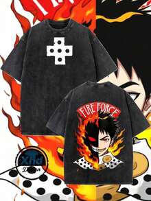 Camiseta de hombre con diseño de personaje de Fire Force, cómoda y versátil para uso casual al aire libre de manga corta - Negro - Ver 1