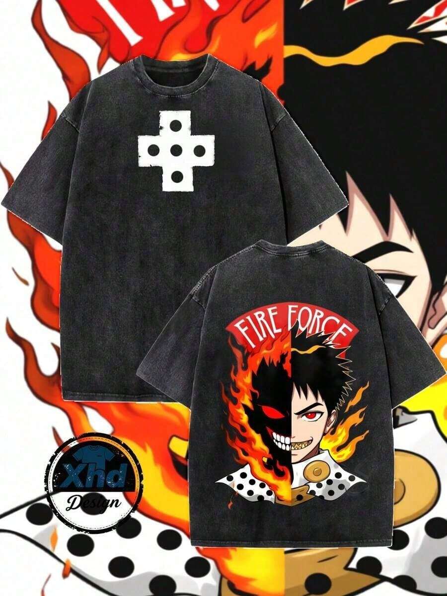 Camiseta de hombre con diseño de personaje de Fire Force, cómoda y versátil para uso casual al aire libre de manga corta - Negro - Ver 1