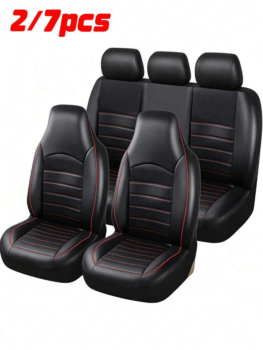 2/7 peças Capas de assento de carro em pele PU com design de costura dupla acolchoada, capas de assento impermeáveis, protetor de assento respirável, ajuste universal para a maioria dos sedãs, SUVs, camiões, capas de assento dianteiras de luxo respiráveis com apoio lombar, capas de assento traseiras. Conjunto de 9 peças inclui: 2 capas de assento dianteiras, 1 capa de encosto, 1 capa de assento traseira e 3 capas de apoio de cabeça. Conjunto de 4 peças inclui: 2 capas de assento dianteiras com apoios de cabeça