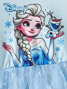 Disney Frozen Autumn Long Sleeve 3D Butterfly Dress Solid Blue Mesh Skirt With Elsa Princess Cartoon Pattern Slight Stretch Suitable For Girls Daily Spring Wear Gift - Baby Blue - View 4