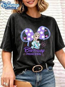 Disney Frozen Princess Elsa Minnie Bow Birthday Print Pattern, Fashion Cartoon Design, Vintage Wash Women's T-Shirt - Black - View 1