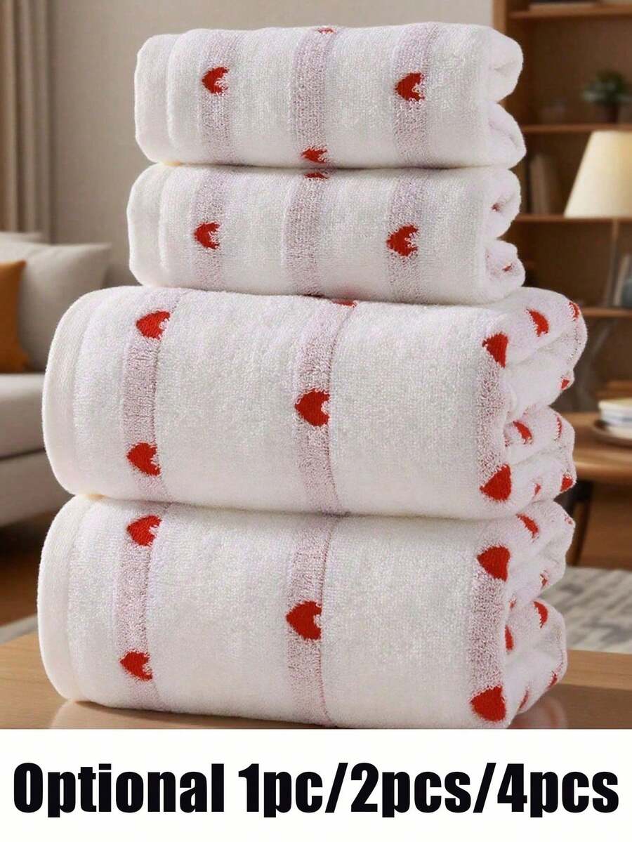 1pc/2pcs/4pcs Red Heart Embroidered Couple Towels, Valentine's Day Gift, Soft Absorbent, Non-Shedding, Face Towel/Bath Towel, Personalized Adult Towel Set, Suitable For Home, Pool And Daily Use - White - View 1