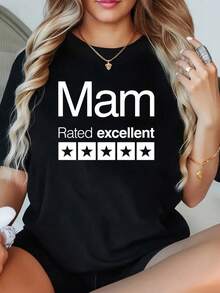 1 Pieza Camiseta de Talla Grande para Mujer, Calificación de 5 Estrellas, Diseño Gráfico, Manga Corta, 220g, 100% Poliéster, Estilo Casual, Cuello Redondo - Negro - Ver 1