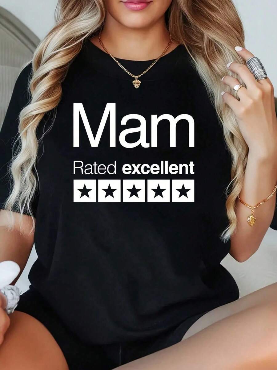 1 Pieza Camiseta de Talla Grande para Mujer, Calificación de 5 Estrellas, Diseño Gráfico, Manga Corta, 220g, 100% Poliéster, Estilo Casual, Cuello Redondo - Negro - Ver 1