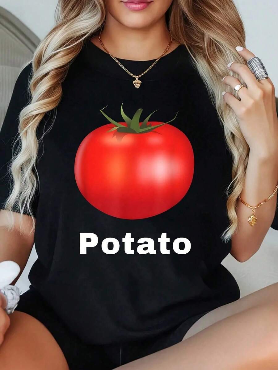 1 Pieza Camiseta Divertida con Estampado de Tomates y Patatas para Mujer, Talla Grande, Manga Corta, 220g, 100% Poliéster, Estilo Casual con Cuello Redondo - Negro - Ver 1