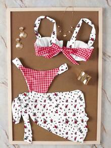 Bộ bikini 3 món họa tiết caro đỏ hoa mùa hè mới, đồ bơi tôn dáng cho kỳ nghỉ bãi biển, bộ đồ bơi thường ngày cho tiệc bãi biển - Nhiều màu - Xem 3