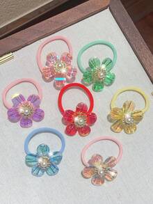 10入隨機糖果色幻彩珍珠水鑽花朵結髮圈，韓系可愛壓克力五瓣花，不傷髮彈性髮帶，多巴胺女孩髮飾，適合派對與日常配戴 - 彩色 - 查看 4