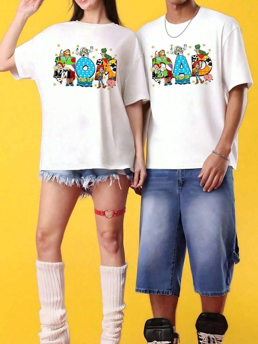 Disney Toy Story Themed Short-Sleeved T-Shirts For Couples, Printed With Cartoon Character Designs. These Versatile And Casual Summer T-Shirts Are Suitable For Both Men And Women. - 女士-白色 - 查看 1