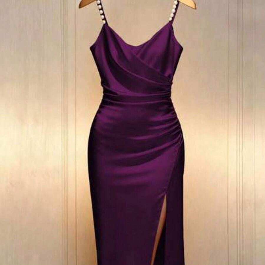 Elegante vestido ajustado de color champán con cuello cruzado francés romántico, cintura ceñida y adorno de perlas con abertura - Morado - Ver 1