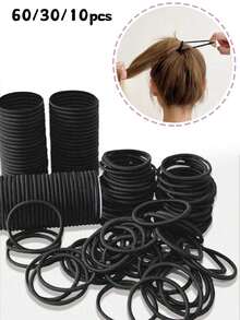 60/30/10pcs Girls Black High Elasticity Hair Ties, Black Large Thickened Hair Bands, Suitable For Thick Curly Hair Ponytail Fixing, Daily Hair Bands, Holiday Hair Bands, Gift, Outdoor Hair Bands, Bath Elastic Hair Bands - Black - View 1