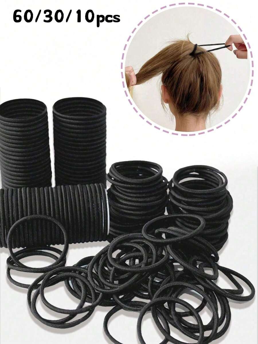 60/30/10pcs Girls Black High Elasticity Hair Ties, Black Large Thickened Hair Bands, Suitable For Thick Curly Hair Ponytail Fixing, Daily Hair Bands, Holiday Hair Bands, Gift, Outdoor Hair Bands, Bath Elastic Hair Bands - Black - View 1