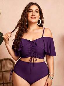 Swim Chiccia Women's Solid Color Spaghetti Strap Off-Shoulder 2-Piece Bikini Set With Ruffles And Drawstring - Elegant And Stylish For Vacation - 紫色 - 查看 1