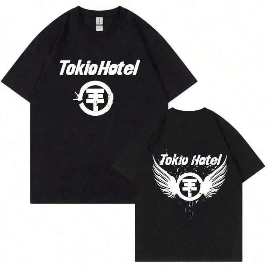Camiseta de algodón con estampado de la banda de rock Tokio Hotel Kaulitz, camiseta de manga corta para hombre y mujer, ropa de estilo hip hop y streetwear. - Negro - Ver 1
