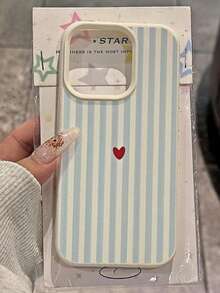 1個創意女孩心形藍色條紋圖案米白色霧面荔枝紋理全包覆TPU防震時尚手機殼，適用於iPhone11/12/13/14/15/16/17promax/Plus A56/55/54/53/52/51 S25/24/23/22/21系列，防指紋保護套（國際版而非本地版） - 彩色 - 查看 5