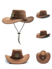 1pc Unisex Western Cowboy Hat, Metal Decor Band With Adjustable Windproof Rope Wide Brim, Costume Hat, Photo Prop, Suitable For Theme Parties And Daily Wear. Head Circumference Size M, Length 39CM, Width 35CM - Top Hat - View 2