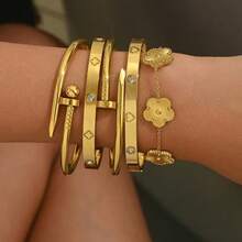 1pc Stainless Steel Heart Clover Stud Bracelet Five-Leaf Clover Bracelet Fashion Versatile Non-Fading Daily Wear Jewelry - Multicolor - View 1