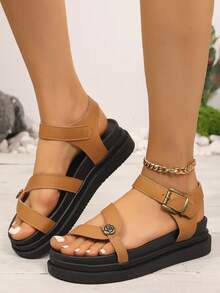 Sandales plates pour femmes, nouvelles sandales d'été à semelle épaisse noire, sandales de style romain, sandales antidérapantes polyvalentes à la mode, sandales décontractées pour la plage - Kaki - Voir 6
