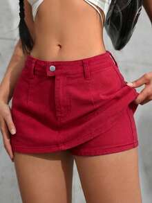 Tall Ultra-Short Denim Mini Skirt, Fashionable For Summer - Rojo - View 1