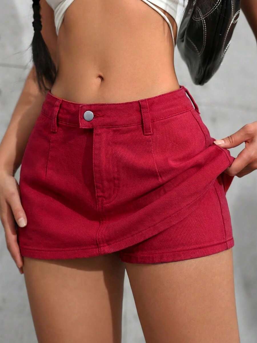 Tall Ultra-Short Denim Mini Skirt, Fashionable For Summer - Rojo - View 1