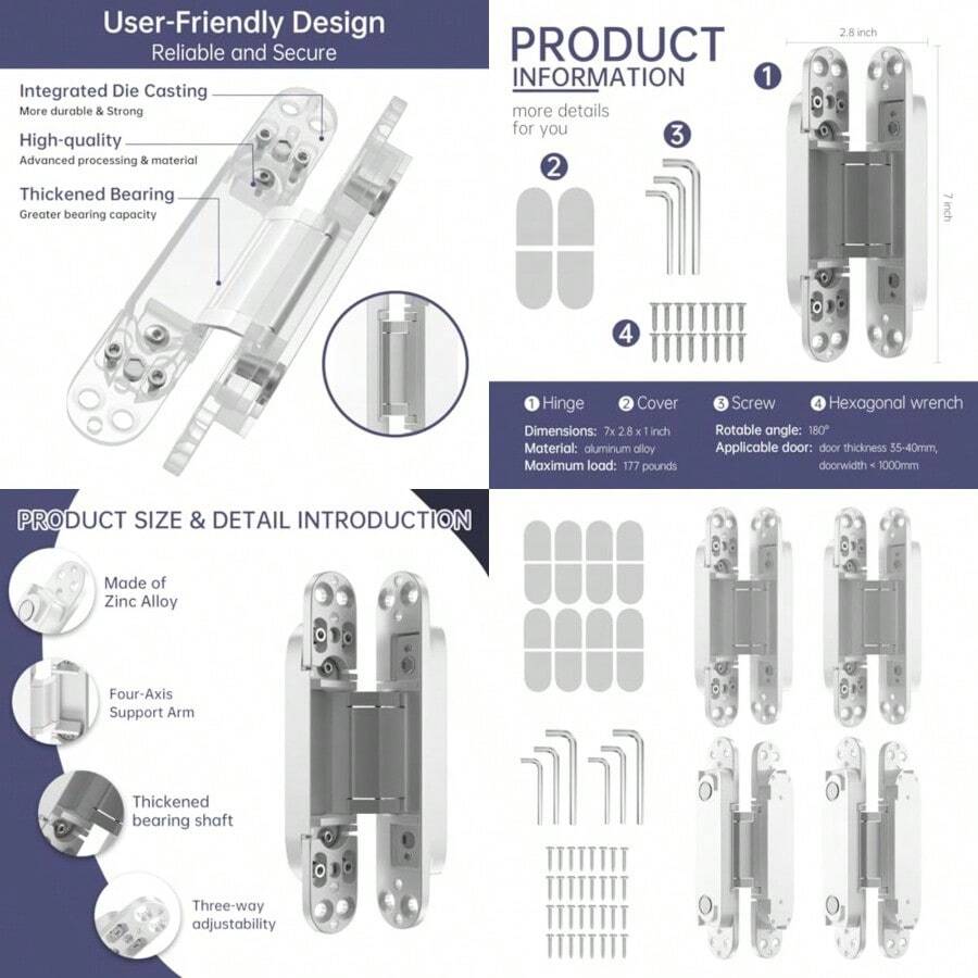 Paquete de 4 bisagras ocultas de 7 pulgadas para puertas bisagras invisibles aleación de zinc oculta columpio de 180 grados bisagra de puerta silenciosa ajustable de 3 vías 7 x 2.8 x 1 pulgadas - como en la imagen - Ver 1