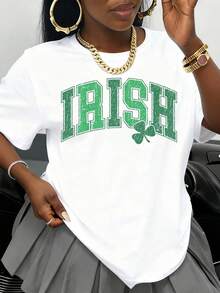 Camiseta Irlandesa del Día de San Patricio, Negra y Verde con Gráfico de Trébol, Camiseta Casual de Cuello Redondo para Mujer, para Festivales, Fiestas y Celebraciones - Blanco - Ver 1