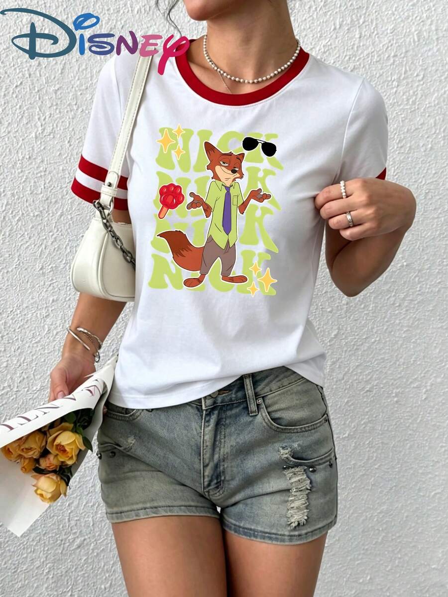 Disney, Zootopia T-Shirt, Red And White Striped Color-Block Round Neck Women's T-Shirt, Versatile Basic Style With Pure Cotton Texture - Red and White - View 1