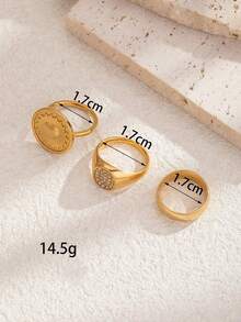 3Pcs/Set 18K Gold Plated Stackable Rings, Heart Medallion & Pave CZ Stainless Steel Chunky Statement Rings For Women - Yellow Gold - View 5