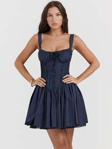 Vestido tipo A estilo ballet sin mangas con tirantes y encaje combinado, elegante y casual para mujer estilo europeo - Azul Marino - Ver 5