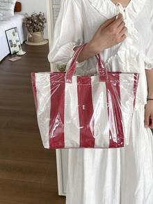 Tas Tote Transparan PVC Kapasitas Besar Bergaris Warna-warni, Tas Besar Modis untuk Liburan Pantai Wanita - Merah - View 12