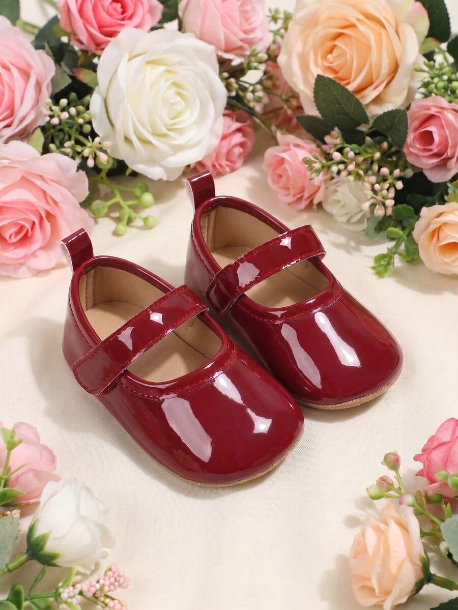 1双幼儿女童纯色PU魔术贴平底可爱玛丽珍公主鞋,0-1岁婴儿鞋,适合春秋季穿着 - 紅色 - 查看 1
