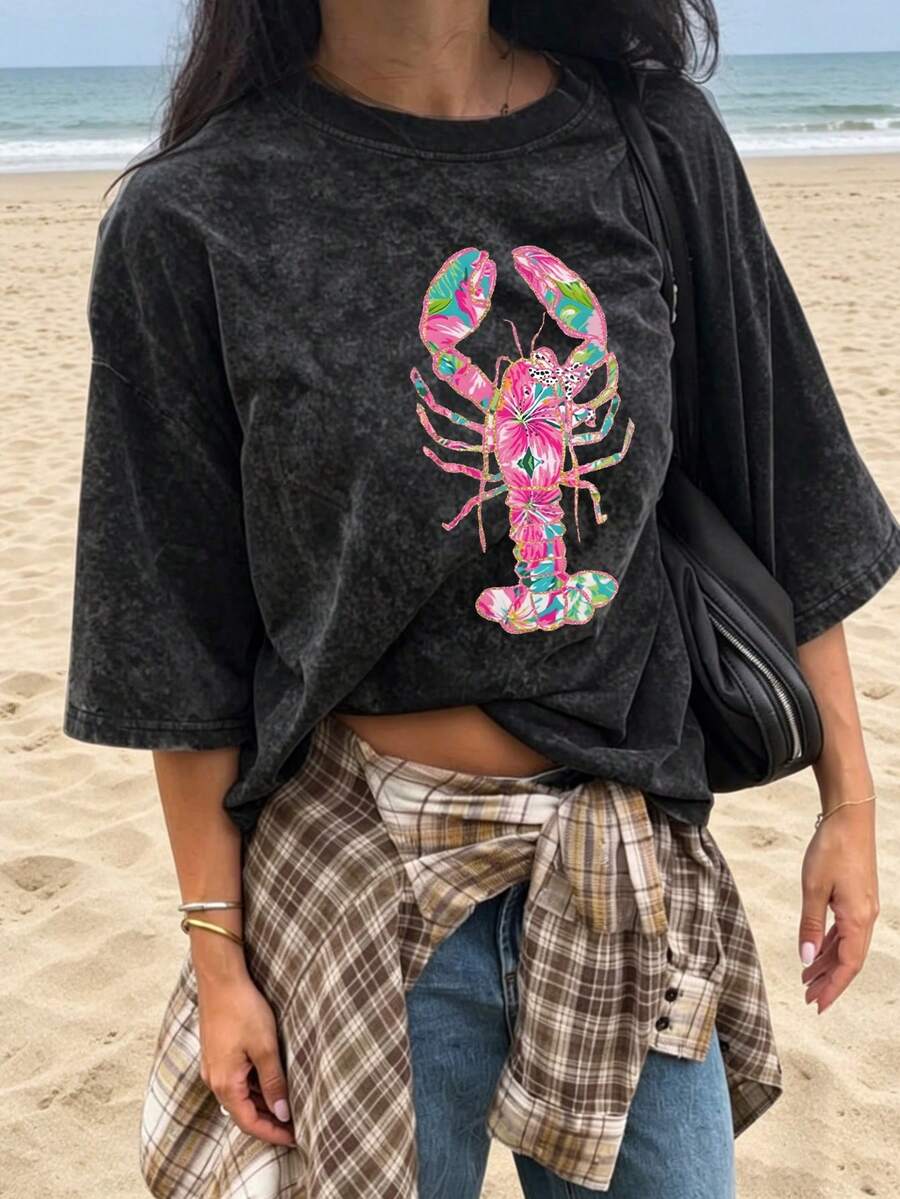 Áo thun nữ tay ngắn cổ tròn dáng rộng, thời trang, đa năng, in họa tiết nhuộm tie-dye, phong cách retro Mỹ, màu đen thường ngày cho mùa xuân/hè. - màu đen - Xem 1