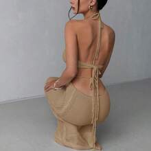 yonghongmaoyi1  Nuevo vestido de playa de ganchillo para vacaciones de verano, vestido romántico con espalda hueca y cordones, diseño de cola de pez - Caqui - Ver 9