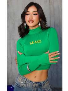Women's Cropped High Neck Blouse Brazil World Cup Fan - Hijau - View 3