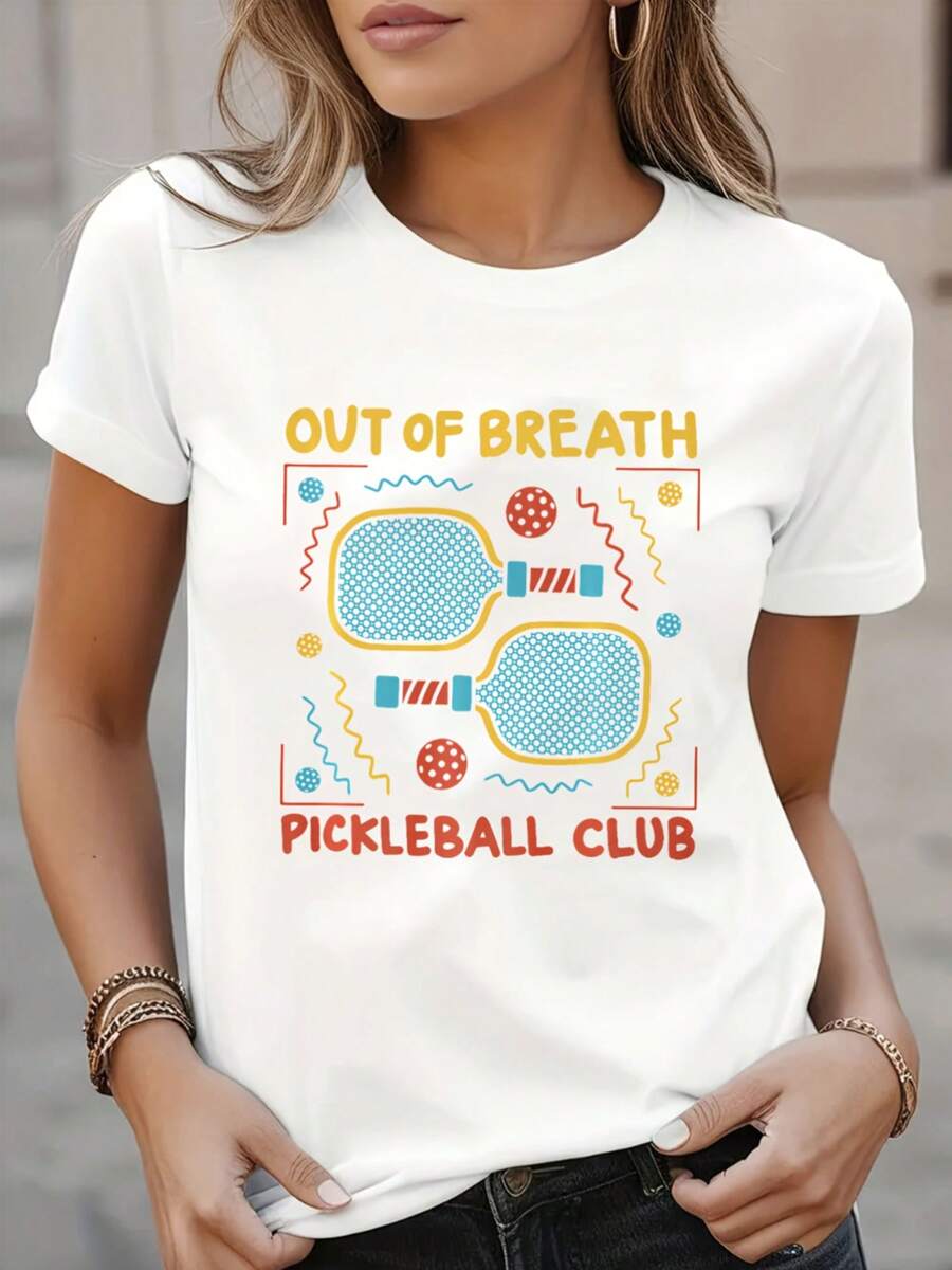 Camiseta Casual con Estampado Gráfico de Pickleball para Mujer - Manga Corta, Cuello Redondo, Lavable a Máquina, Colección Primavera-Verano, Blanca con Estampado Colorido, Mezcla de Poliéste - negro - Ver 1