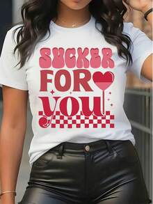 Women's Pure Cotton Short Sleeve T-Shirt Graphic Print Sucker For You Lettering Heart Checkered Casual  Daily Top - White - View 1