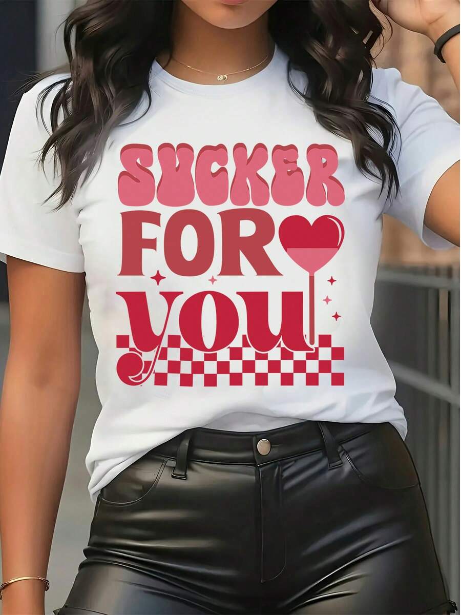 Women's Pure Cotton Short Sleeve T-Shirt Graphic Print Sucker For You Lettering Heart Checkered Casual  Daily Top - White - View 1