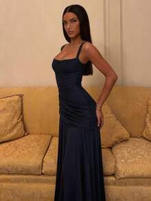 Elegant Sleeveless Long Party Dress For Women, Solid Color, European Style, New Fashion Wrap Dress - Navy Blue - View 5
