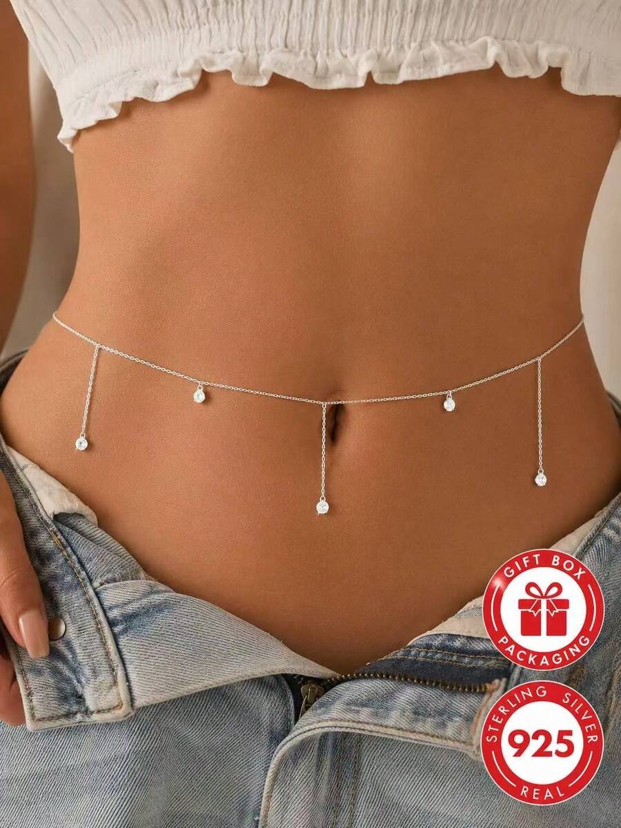 GLIMMER GI 1件 S925 純銀低過敏腰鍊，流蘇人造鋯石女款腰鍊，歐美百搭時尚新風格，日常穿著/度假/約會/生日禮物[附禮盒]