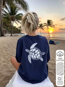 Women's Loose-Fitting Beach Granny Style T-Shirt With Sea Turtle Graphic, Breathable Cotton, Crew Neck, Short Sleeves, White Beach Style LODA - 黑色 - 查看 1