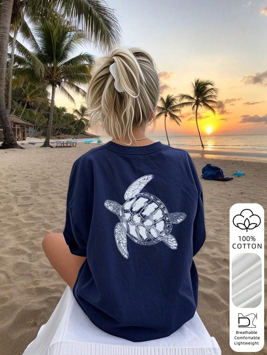 Women's Loose-Fitting Beach Granny Style T-Shirt With Sea Turtle Graphic, Breathable Cotton, Crew Neck, Short Sleeves, White Beach Style LODA - 黑色 - 查看 1