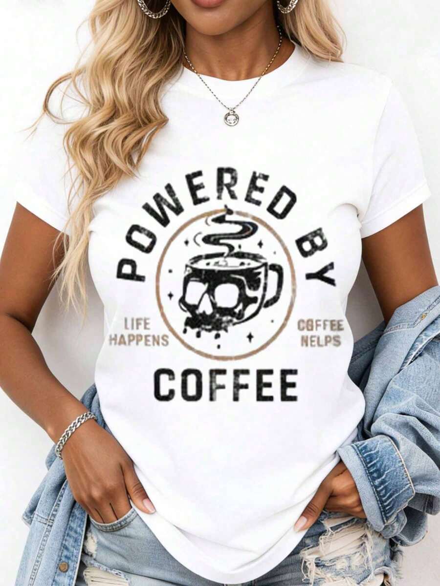 Fueled By Coffee, Life Happens, Coffee Helps, Women's Graphic T-Shirt, Casual Wear Suitable For Leisure And Sports Activities - 白色 - 查看 1