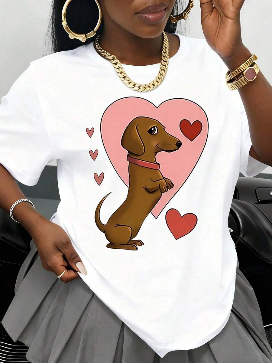 Women's White T-Shirt With Heart And Dachshund Design, Valentine's Day Gift, Cute Animal Print, Casual Summer Top - 白色 - 查看 1