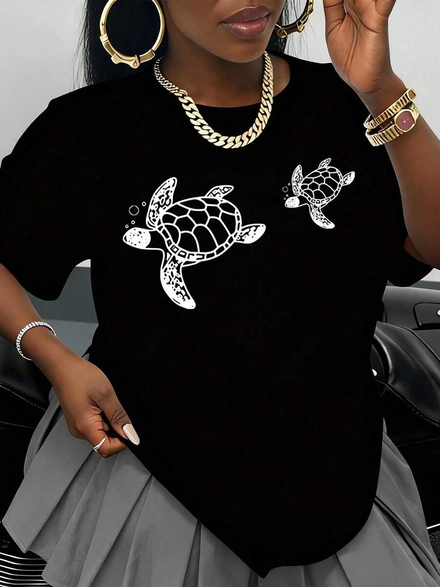 White T-Shirt With Turtle Print, Graphic Design For Women, Summer Casual Wear, Beach Vacation Outfit, Trendy1 Fashion Top, Unisex Streetwear Style - 黑色 - 查看 1