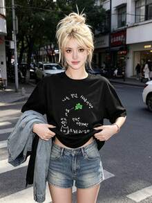 Playera Casual de Mujer con Estampado Coreano de Trébol y Dibujos, Cuello Redondo y Manga Corta, Estilo Juvenil - Blanco - Ver 6