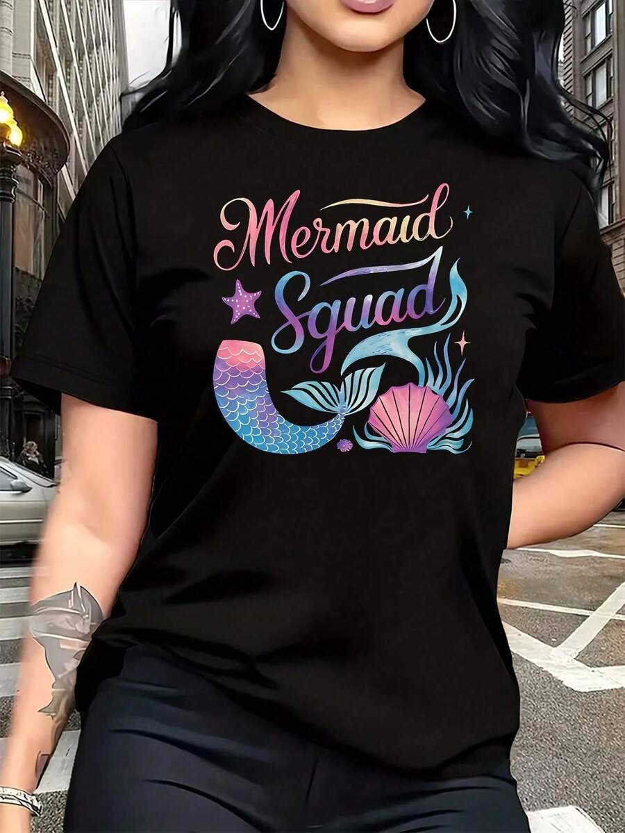 Women's Plus Size T-Shirt With A Mermaid Squad Print, Fun, Short Sleeve, Graphic Design, Novelty, 100% Cotton, Casual Crew Neck, 220g - 黑色 - 查看 1