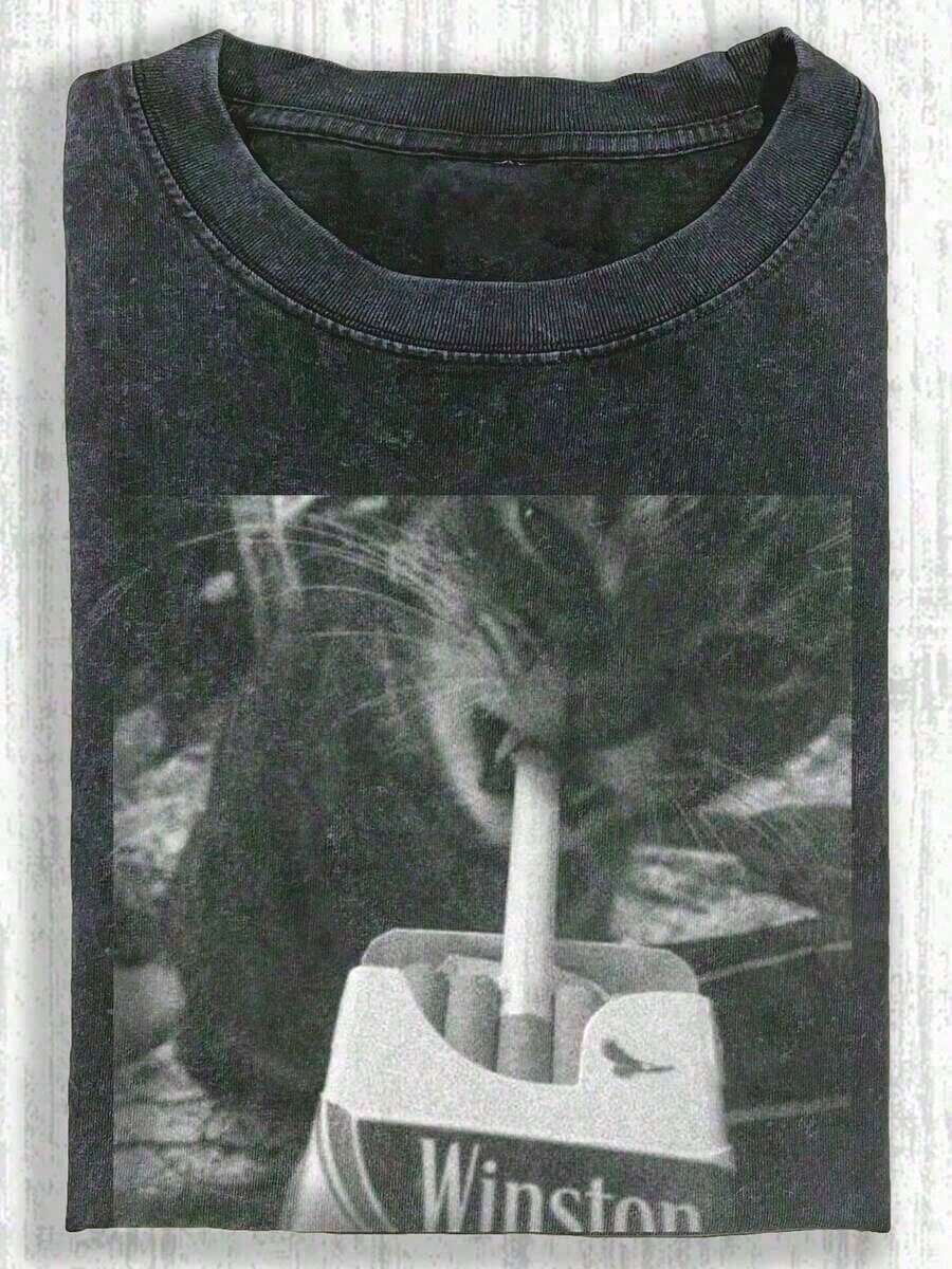 Men's And Women's 100% Cotton 1 Piece Of Funny Graphic T-Shirt With Cat Design, Men's Cotton T-Shirt, 230g, Washed Short Sleeve T-Shirt, Suitable For Halloween Gifts - 黑11 - 查看 1