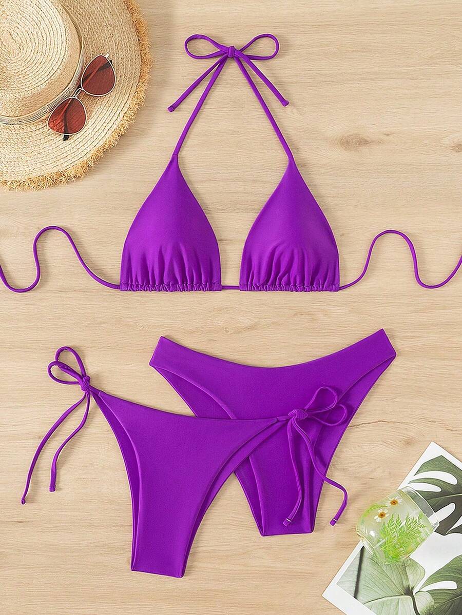 Basics 3 Pieces/Set Solid Color Women's Bikini Set For The Beach In Summer Strand Outfit Damen Strandkleid Bikini Set Damen Bikini Set Badeanzug - Violet - View 1