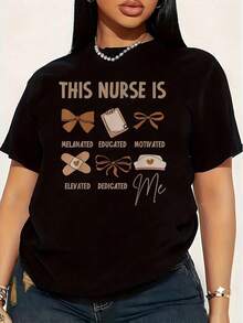 Día Nacional de las Enfermeras (17) Camiseta de Talla Grande para Mujer, 1 Pieza, Divertida, con Estampado Gráfico, Manga Corta, Novedosa, 100% Algodón, Cuello Redondo Casual, 220g - Negro - Ver 1