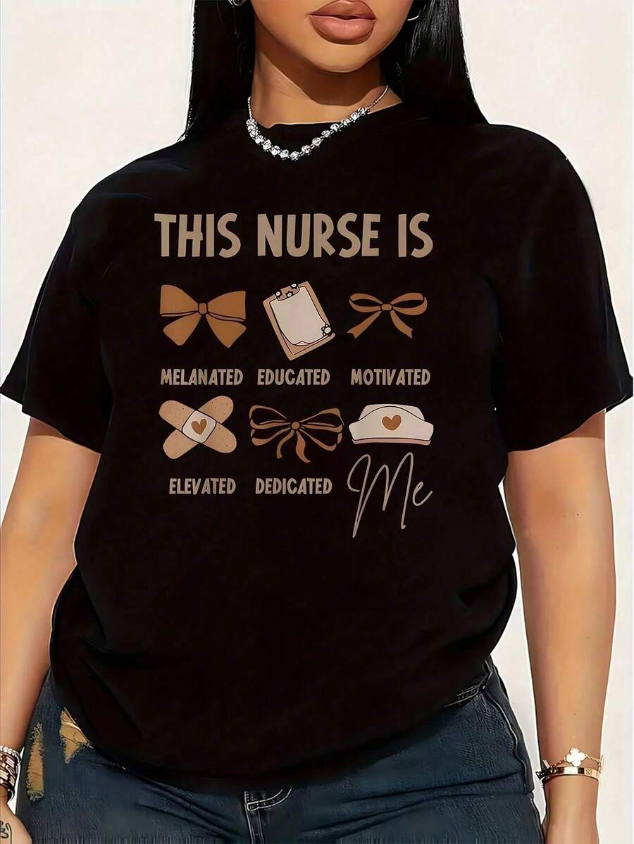 Día Nacional de las Enfermeras (17) Camiseta de Talla Grande para Mujer, 1 Pieza, Divertida, con Estampado Gráfico, Manga Corta, Novedosa, 100% Algodón, Cuello Redondo Casual, 220g - Negro - Ver 1